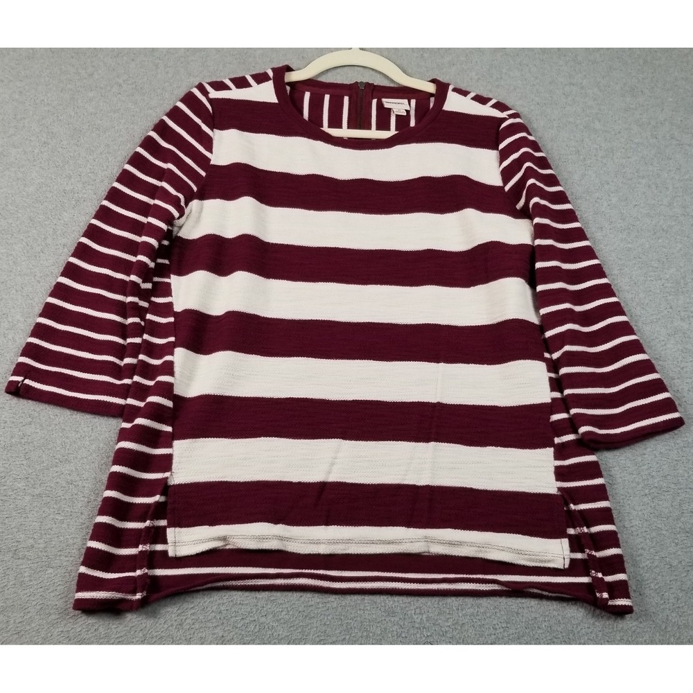 Merona Top Women Medium M Maroon White Striped 3/4 Sleeves Stretch Texture Knit